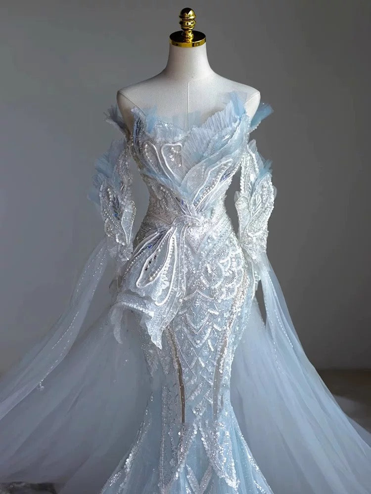 Elegant Mermaid Strapless Sequin Sky Blue Evening Dress Long Prom Dresses