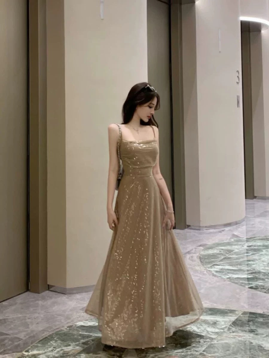 Elegant A line Spaghetti Straps Champagne Long Length Prom Dress Birthday Outfits