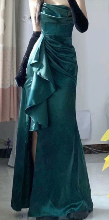 Elegant Mermaid Strapless Green Long Length Satin Slit Prom Dresses Birthday Outfits