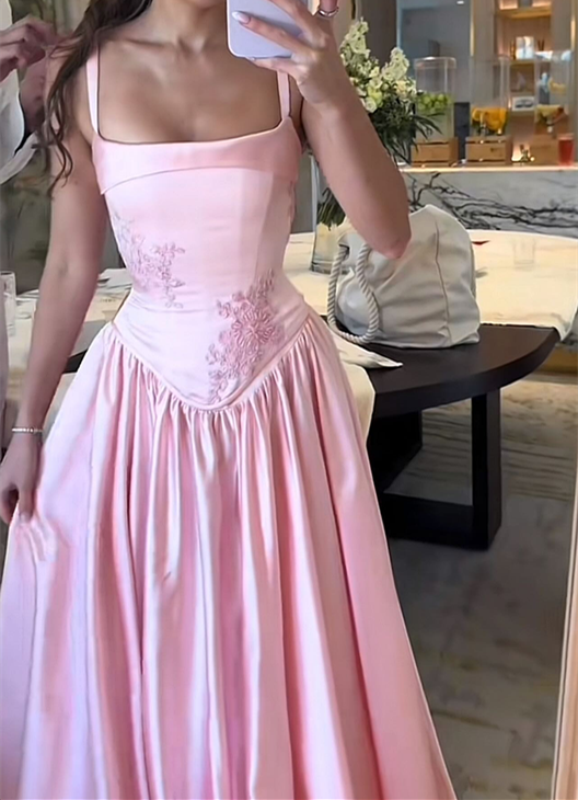 Elegant A Line Straps Pink Satin Long Length Prom Dresses Birthday Outfits