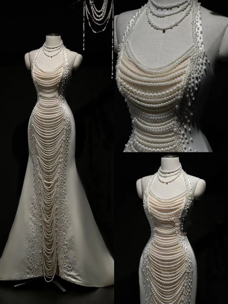 Fairytale Mermaid Halter Sleeveless Wedding Dresses Glittering Straps Pearls Wedding Dress