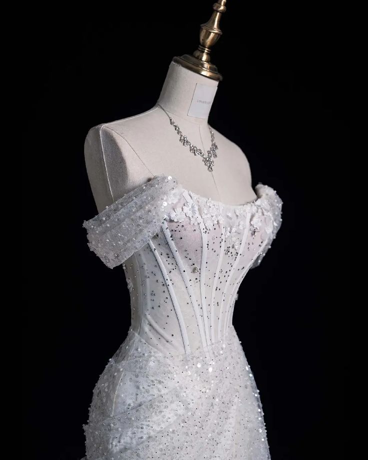 Elegant Mermaid Off The Shoulder Sequin Long White Wedding Dresses