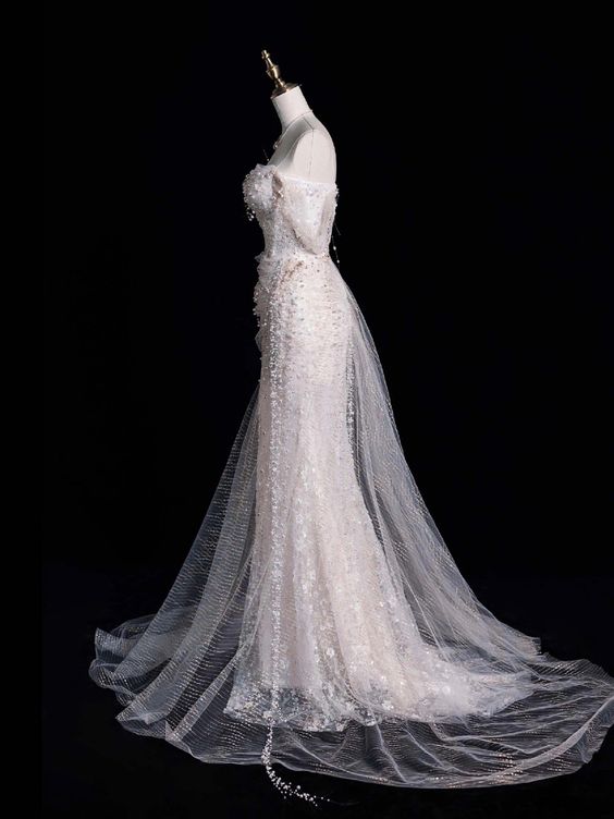 Elegant Mermaid Off The Shoulder Sequin Pearls Long White Wedding Dresses