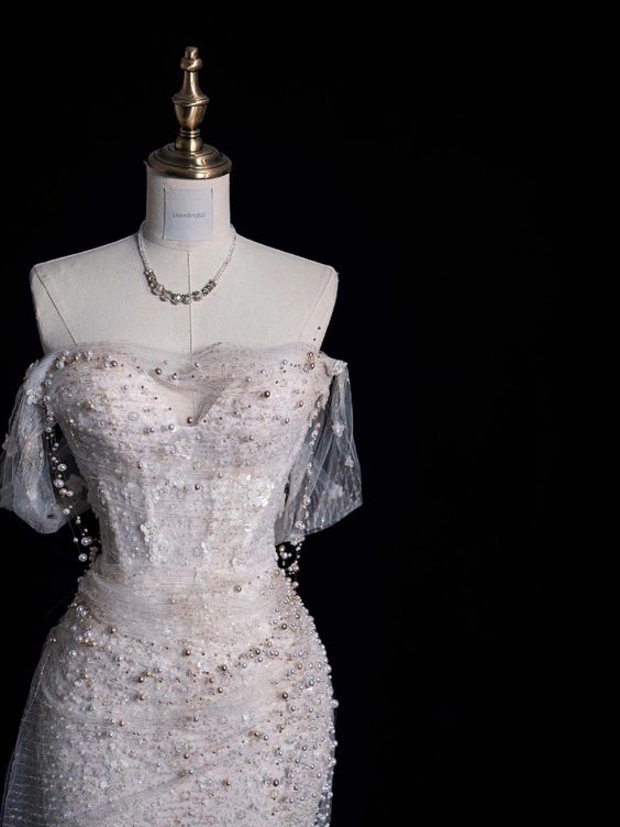 Elegant Mermaid Off The Shoulder Sequin Pearls Long White Wedding Dresses