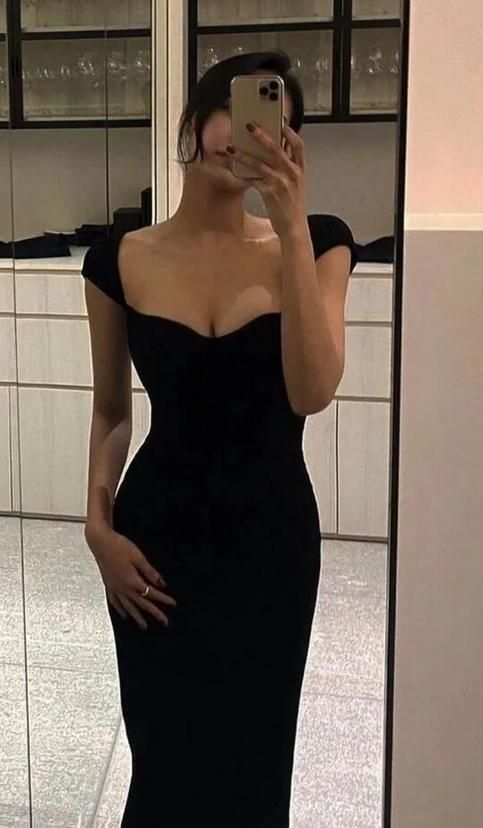 Simple Floor Length Black Prom Dresses Evening Dress With Cap Sleeves