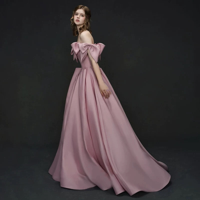 Elegant A line Off The Shoulder Satin Pink Evening Dress Long Prom Dresses