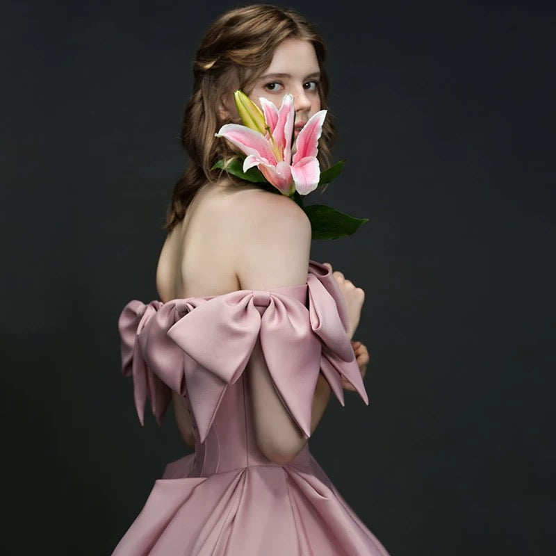 Elegant A line Off The Shoulder Satin Pink Evening Dress Long Prom Dresses