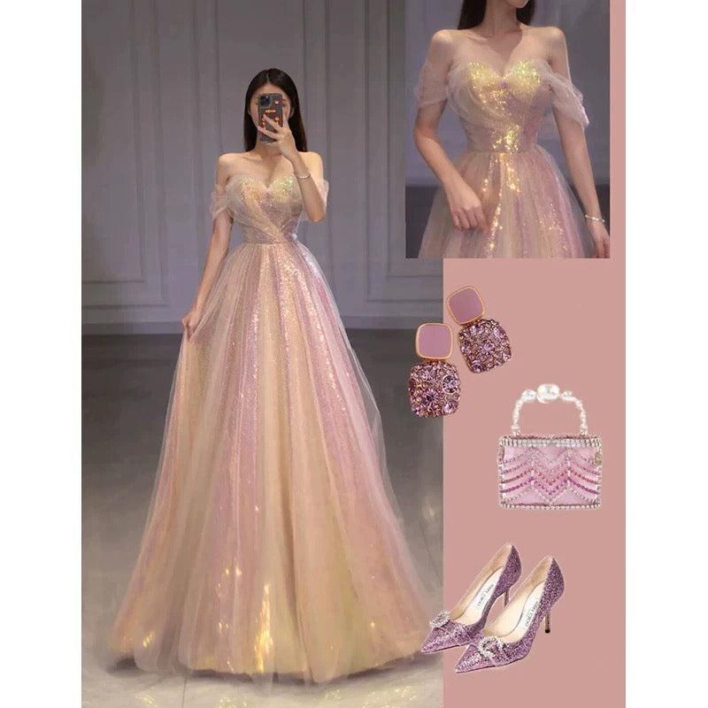 Elegant A line Off The Shoulder Sequin Pink Evening Dress Long Prom Dresses
