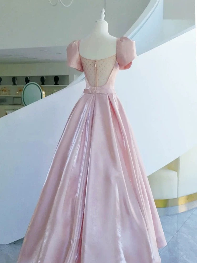 Elegant A line Square Neckline Satin Short Sleeves Pink Evening Dress Long Prom Dresses