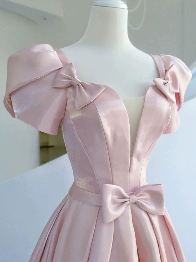 Elegant A line Square Neckline Satin Short Sleeves Pink Evening Dress Long Prom Dresses