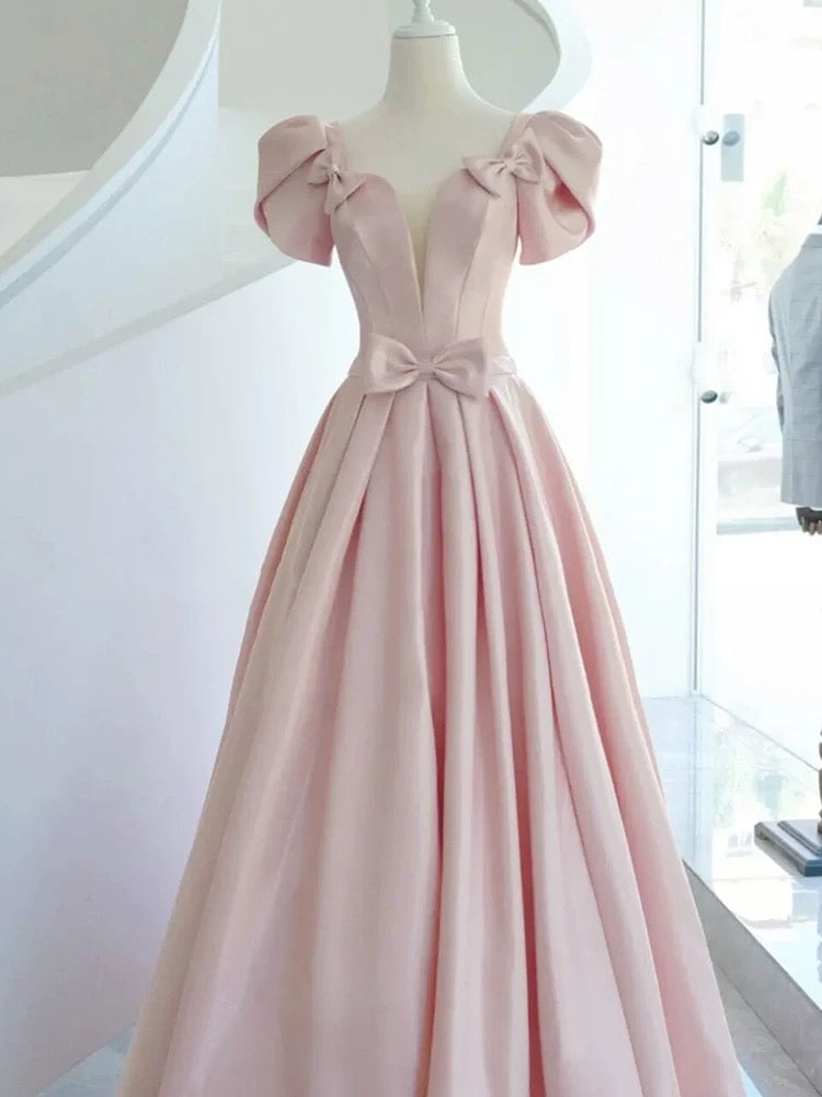 Elegant A line Square Neckline Satin Short Sleeves Pink Evening Dress Long Prom Dresses