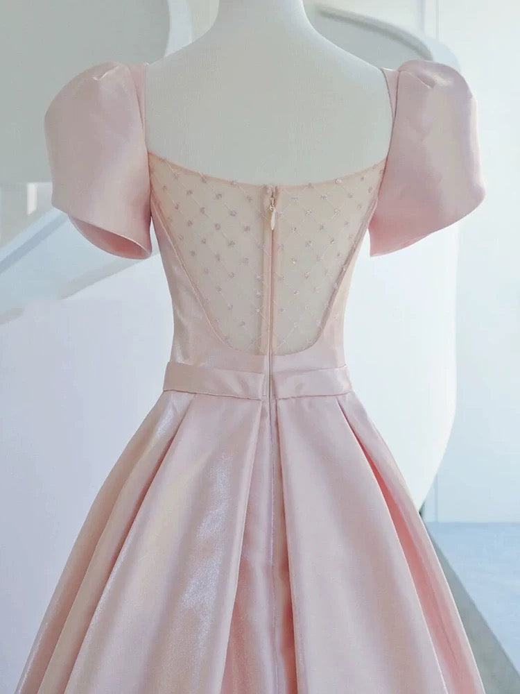 Elegant A line Square Neckline Satin Short Sleeves Pink Evening Dress Long Prom Dresses