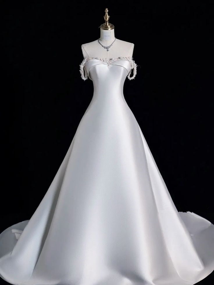 Elegant A line Off The Shoulder Satin Pearls Long White Wedding Dresses