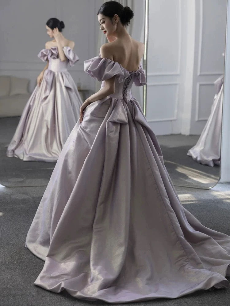 Elegant Ball Gown Off The Shoulder Lilac Short Sleeves Evening Dress Long Prom Dresses