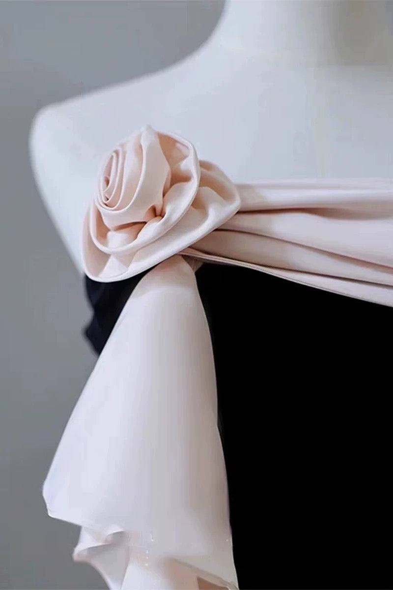 Elegant Mermaid Strapless Black Velvet Flowers Ruffles Prom Dresses Party Dresses