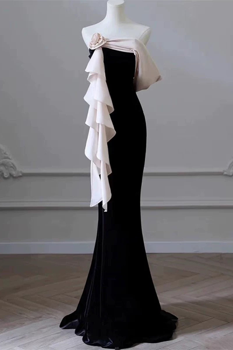 Elegant Mermaid Strapless Black Velvet Flowers Ruffles Prom Dresses Party Dresses