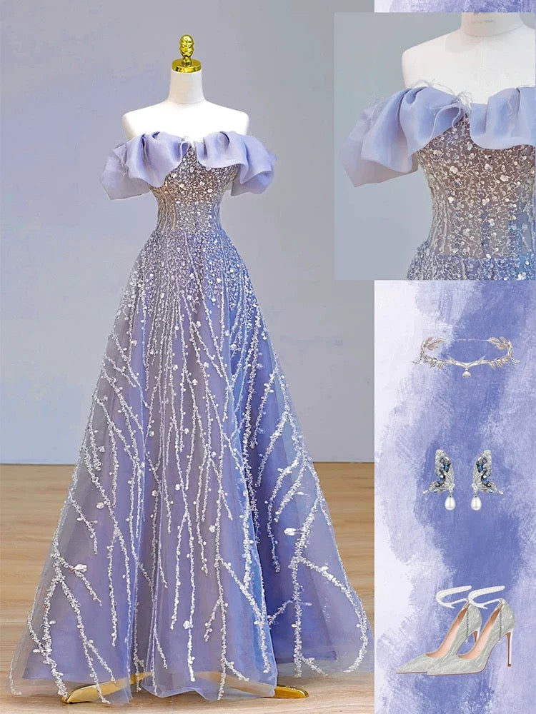Elegant Ball Gown Off The Shoulder Lilac Short Sleeves Sequin Evening Dress Long Prom Dresses