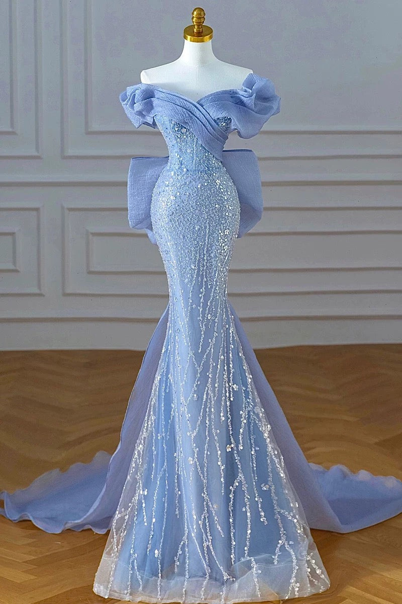 Elegant Mermaid Off The Shoulder Blue Short Sleeves Sequin Evening Dress Long Prom Dresses