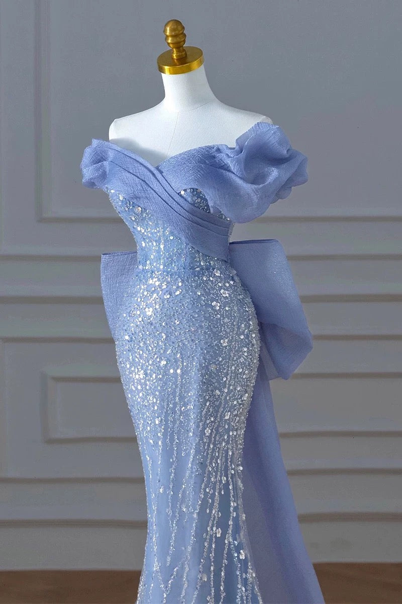 Elegant Mermaid Off The Shoulder Blue Short Sleeves Sequin Evening Dress Long Prom Dresses