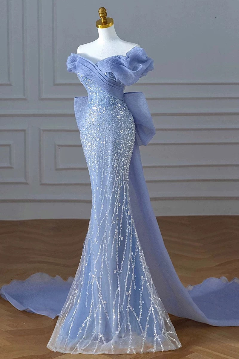 Elegant Mermaid Off The Shoulder Blue Short Sleeves Sequin Evening Dress Long Prom Dresses