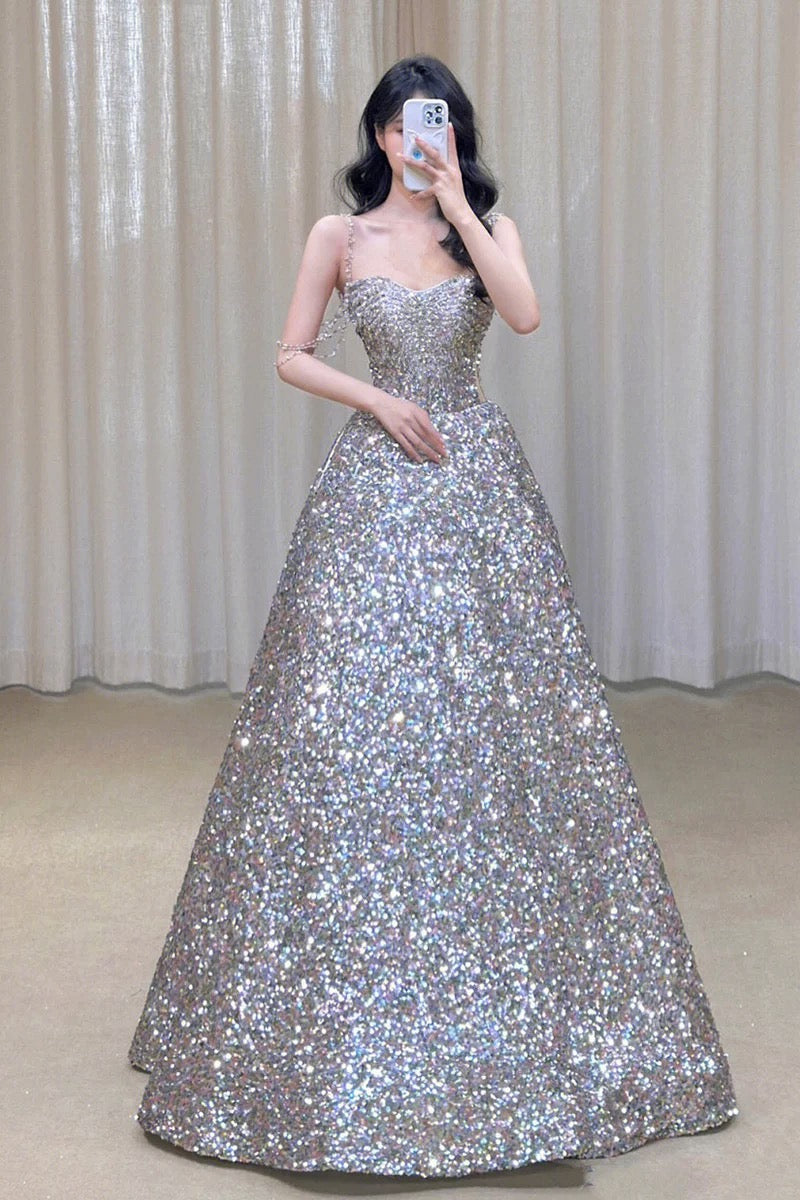 Gorgeous Ball Gown Straps Sequin Silver Long Evening Dress Prom Dresses Birthday Outfits