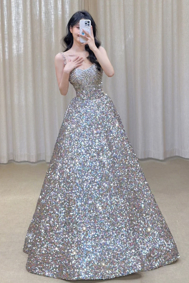 Gorgeous Ball Gown Straps Sequin Silver Long Evening Dress Prom Dresses Birthday Outfits