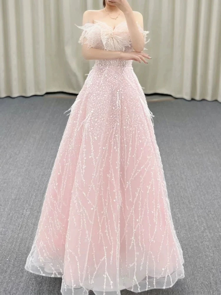 Gorgeous A Line Off The Shoulder Sequin Pink Long Evening Dress Prom Dresses Birthday Outfits