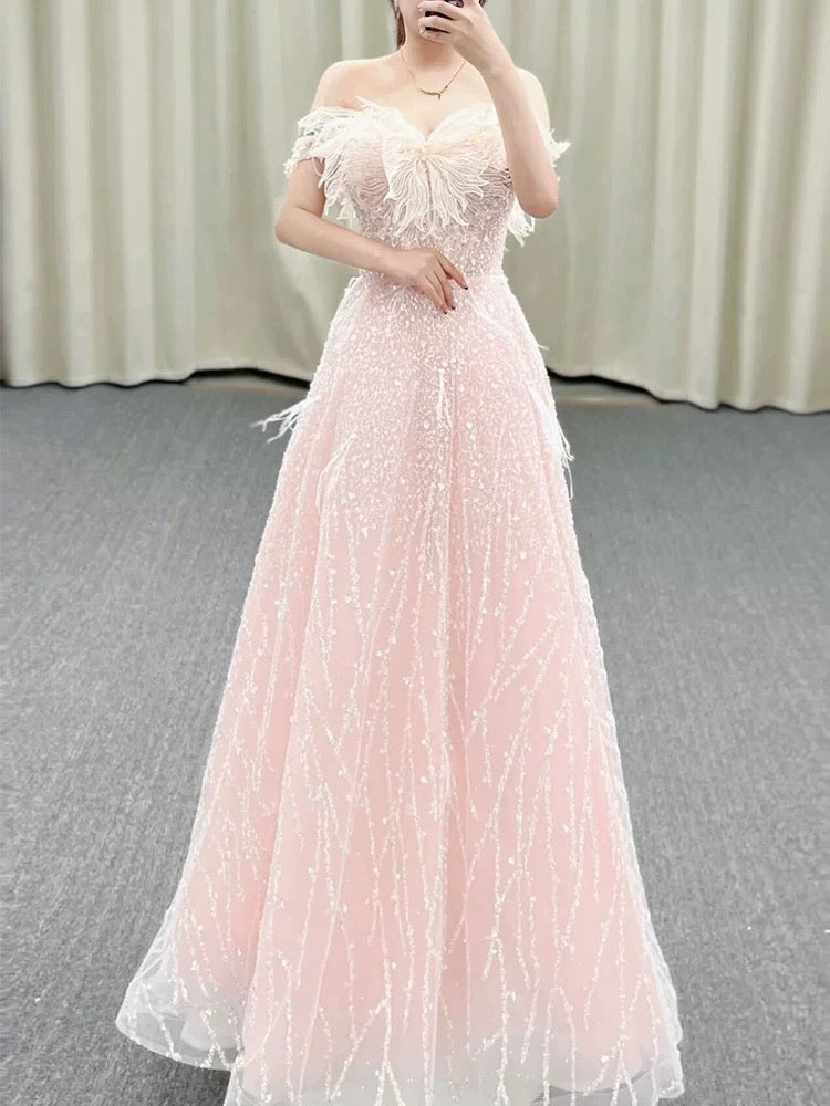 Gorgeous A Line Off The Shoulder Sequin Pink Long Evening Dress Prom Dresses Birthday Outfits