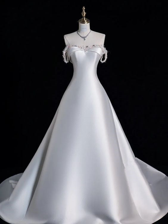 Elegant A line Off The Shoulder Satin Pearls Long White Wedding Dresses