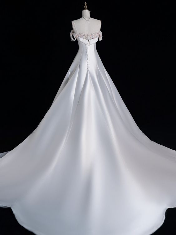 Elegant A line Off The Shoulder Satin Pearls Long White Wedding Dresses