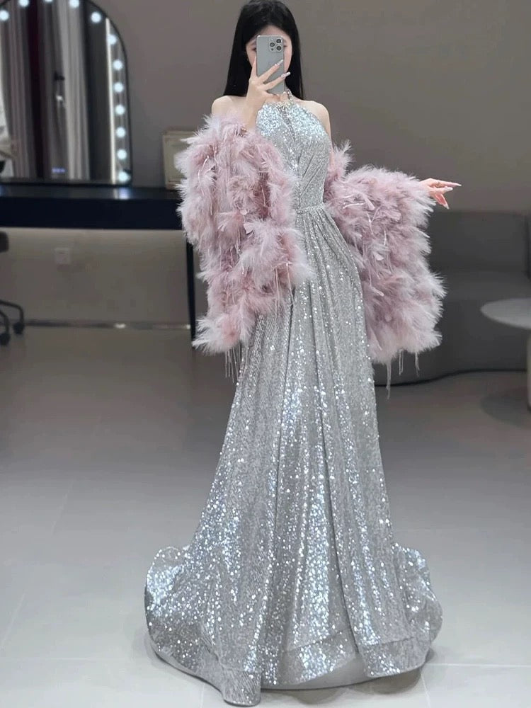 Gorgeous A Line High Neckline Silver Sequin Long Evening Dress Prom Dresses Birthday Outfits