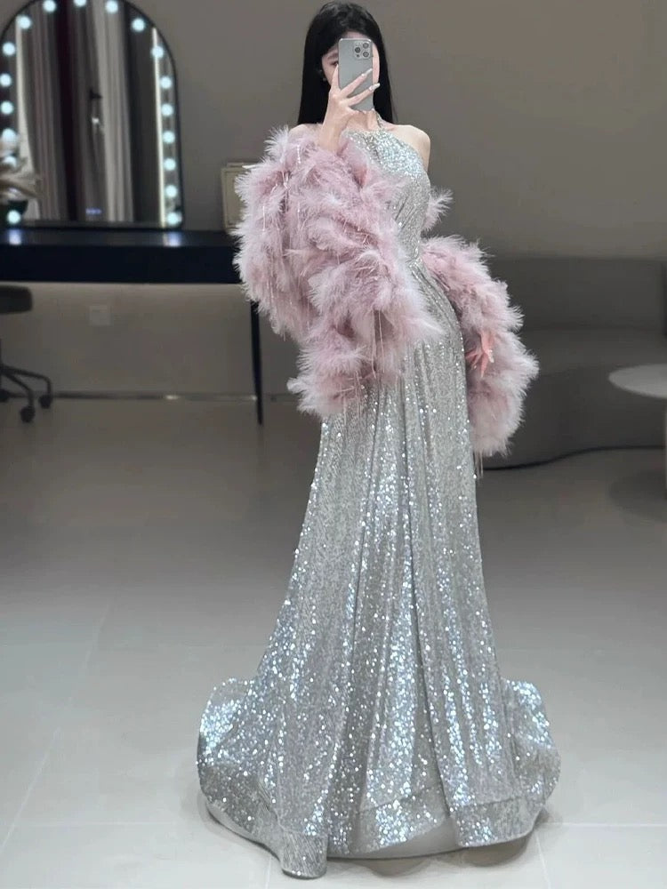 Gorgeous A Line High Neckline Silver Sequin Long Evening Dress Prom Dresses Birthday Outfits