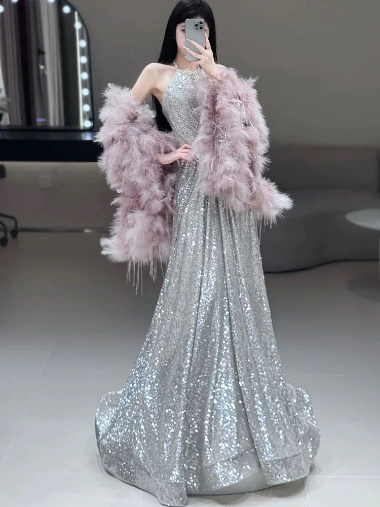 Gorgeous A Line High Neckline Silver Sequin Long Evening Dress Prom Dresses Birthday Outfits