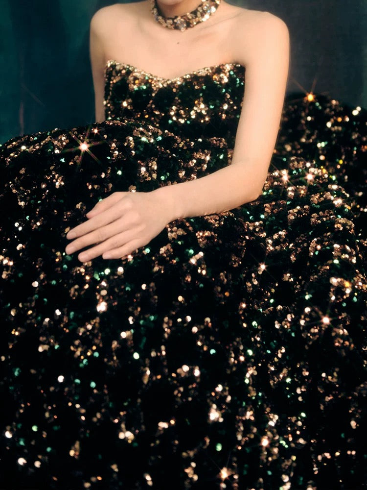 Gorgeous Ball Gown Sweetheart Black Sequin Long Evening Dress Prom Dresses Birthday Outfits