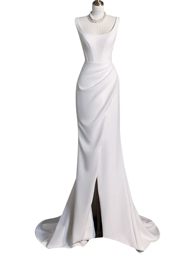 Chic Sheath Square Neckline Sleeveless White Satin Slit Wedding Dresses With Ruffles