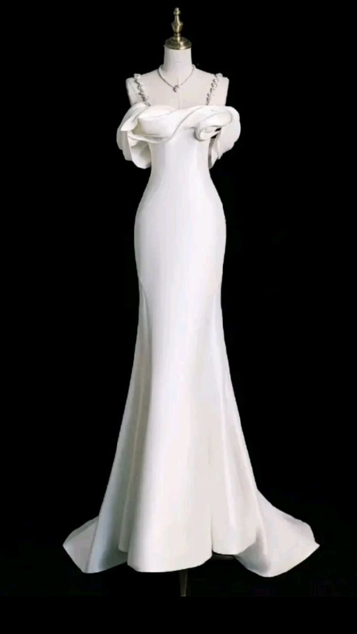 Elegant Mermaid Off The Shoulder Satin Pearls Long White Wedding Dresses