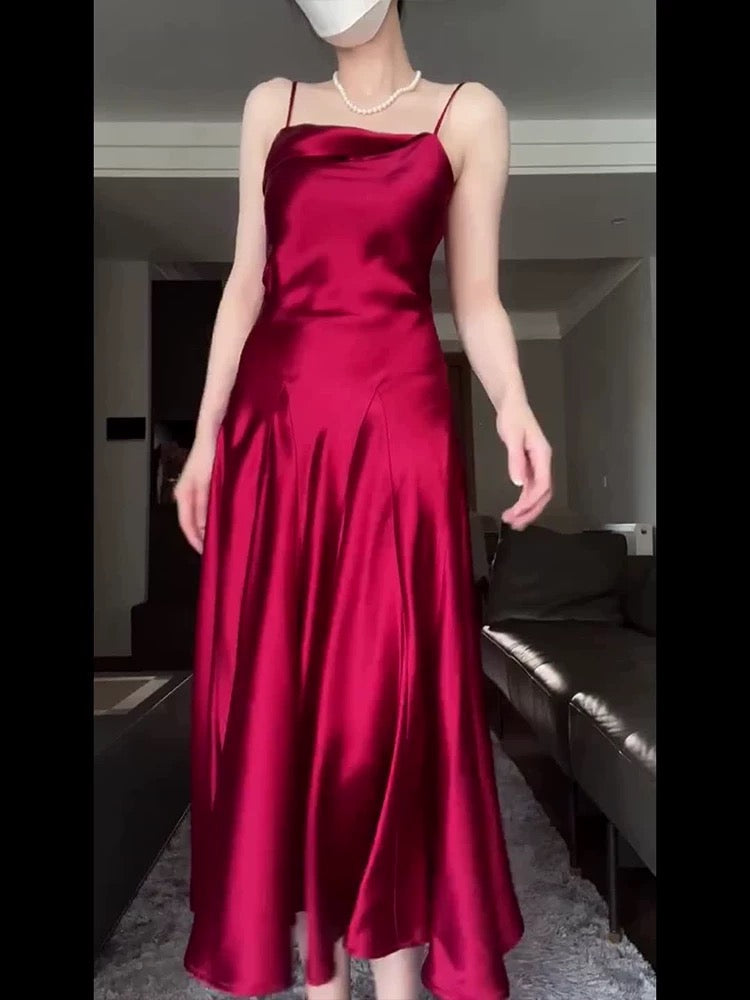Pretty A Line Spaghetti Straps Red Satin Long Floor Length Prom Dresses
