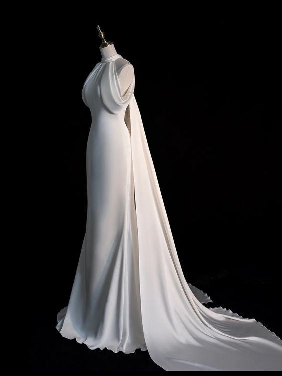 Elegant Mermaid High Neckline Satin Long White Wedding Dresses