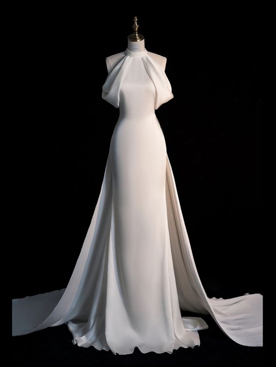 Elegant Mermaid High Neckline Satin Long White Wedding Dresses