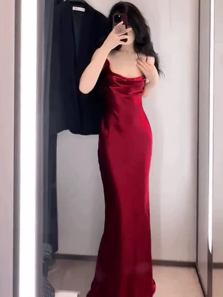 Vintage Mermaid Spaghetti Straps Burgundy Satin Long Floor Length Prom Dresses