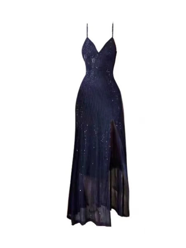 Gorgeous Sheath Spaghetti Straps Navy Blue Sequin Evening Dress Prom Dresses Birthday Outfits