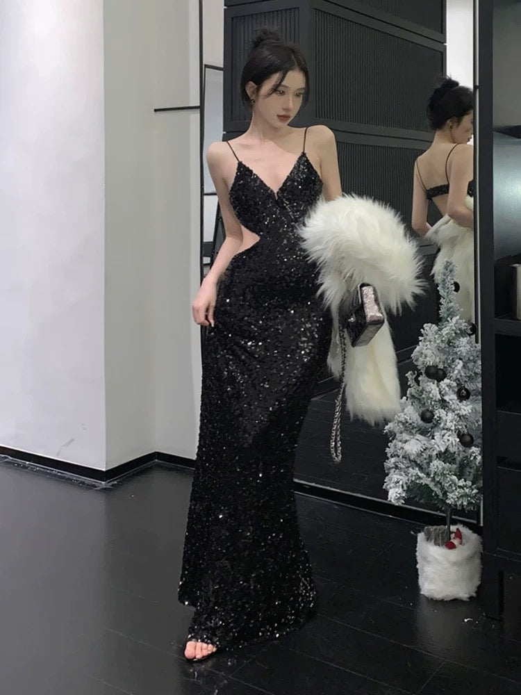 Gorgeous Sheath Spaghetti Straps Black Sequin Evening Dress Prom Dresses Birthday Outfits