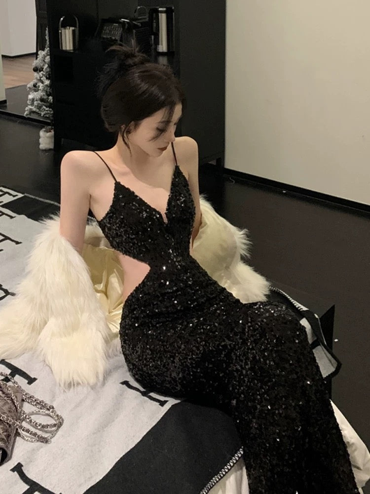 Gorgeous Sheath Spaghetti Straps Black Sequin Evening Dress Prom Dresses Birthday Outfits
