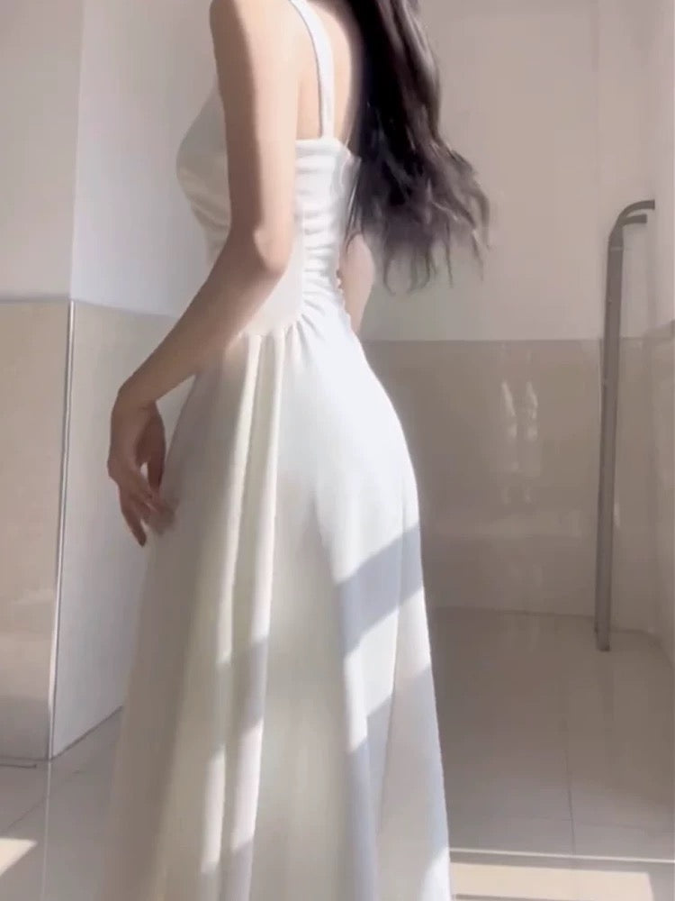 Simple A line Square Satin White Sleeveless Prom Dresses Birthday Party Dress