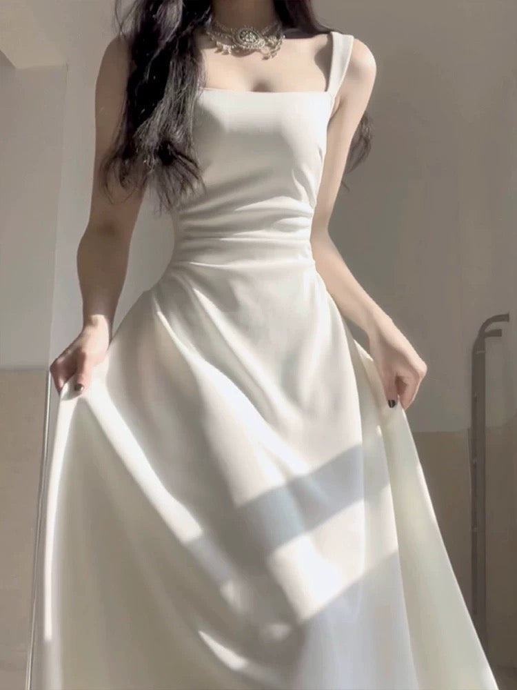 Simple A line Square Satin White Sleeveless Prom Dresses Birthday Party Dress
