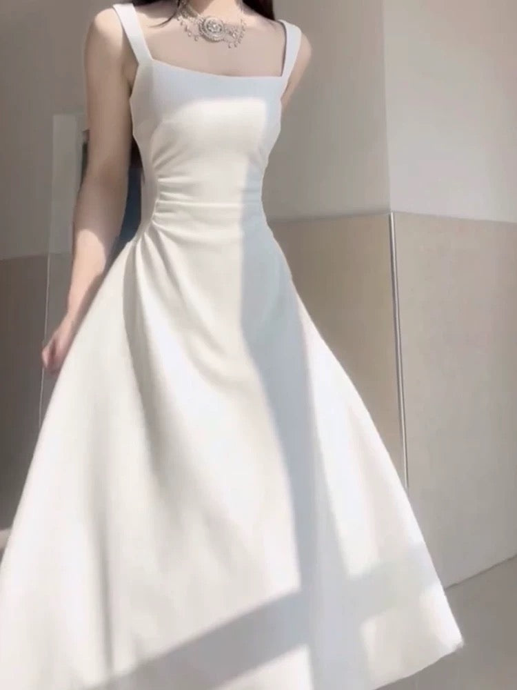 Simple A line Square Satin White Sleeveless Prom Dresses Birthday Party Dress