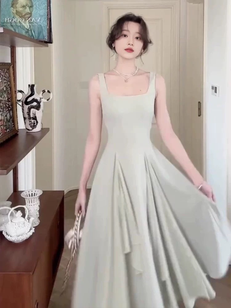 Simple A line Square Neckline Green Sleeveless Chiffon Prom Dresses Birthday Party Dress