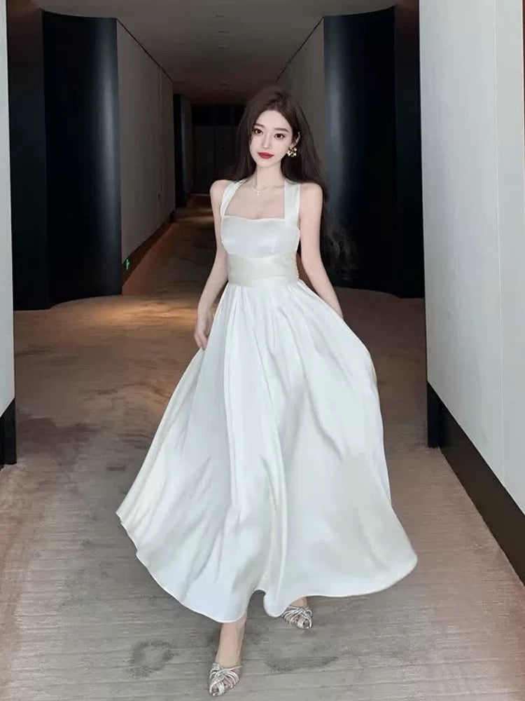 Vintage A Line Square Neckline White Satin Evening Dress Prom Dresses