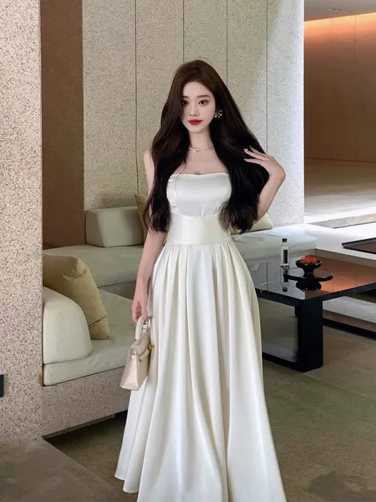 Vintage A Line Square Neckline White Satin Evening Dress Prom Dresses