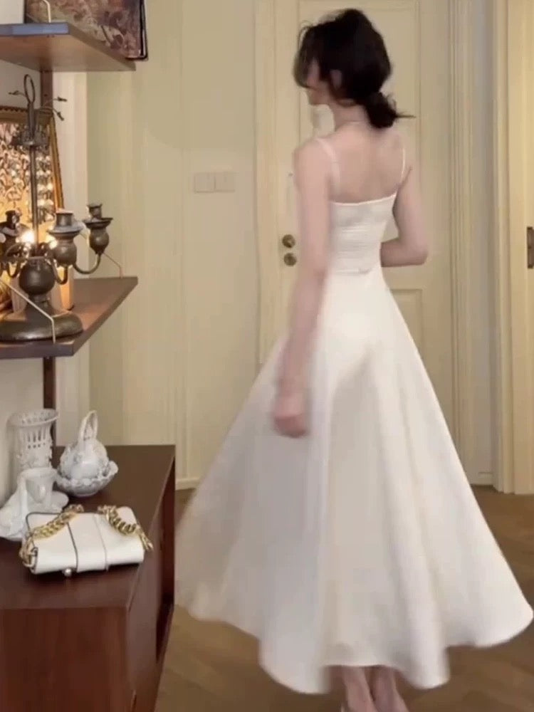 Elegant A Line Spaghetti Straps White Satin Prom Dress Birthday Outfits